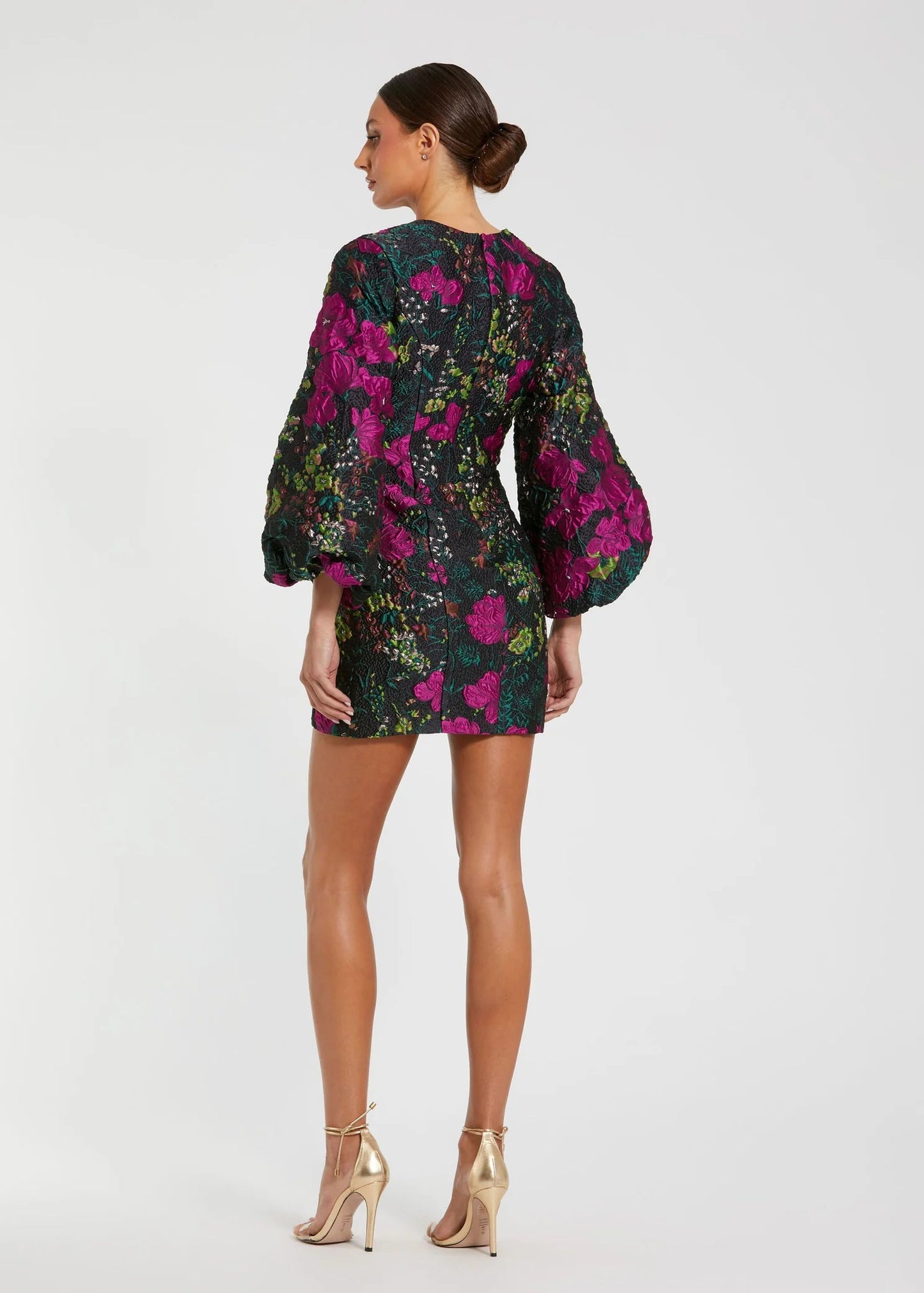 Floral Brocade Puff Sleeve Fitted Mini Dress