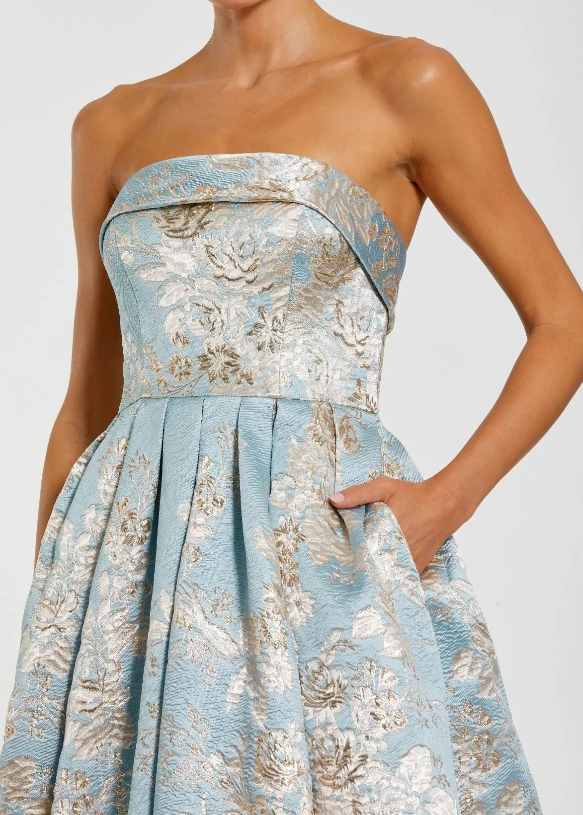 Blue Strapless Brocade Ball Gown with Pockets