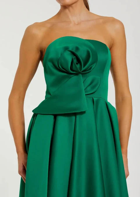 Emerald Strapless Satin A-Line Midi with 3D Flower