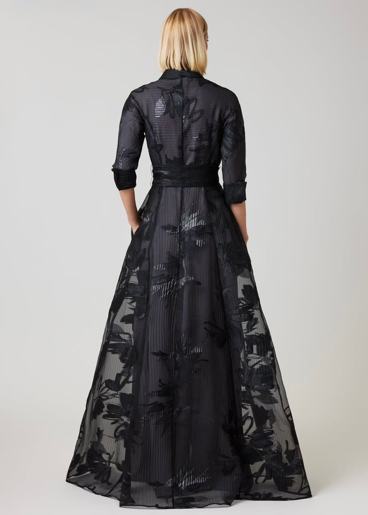 Crinkle Organza Floral Motif Shirt Waist Gown