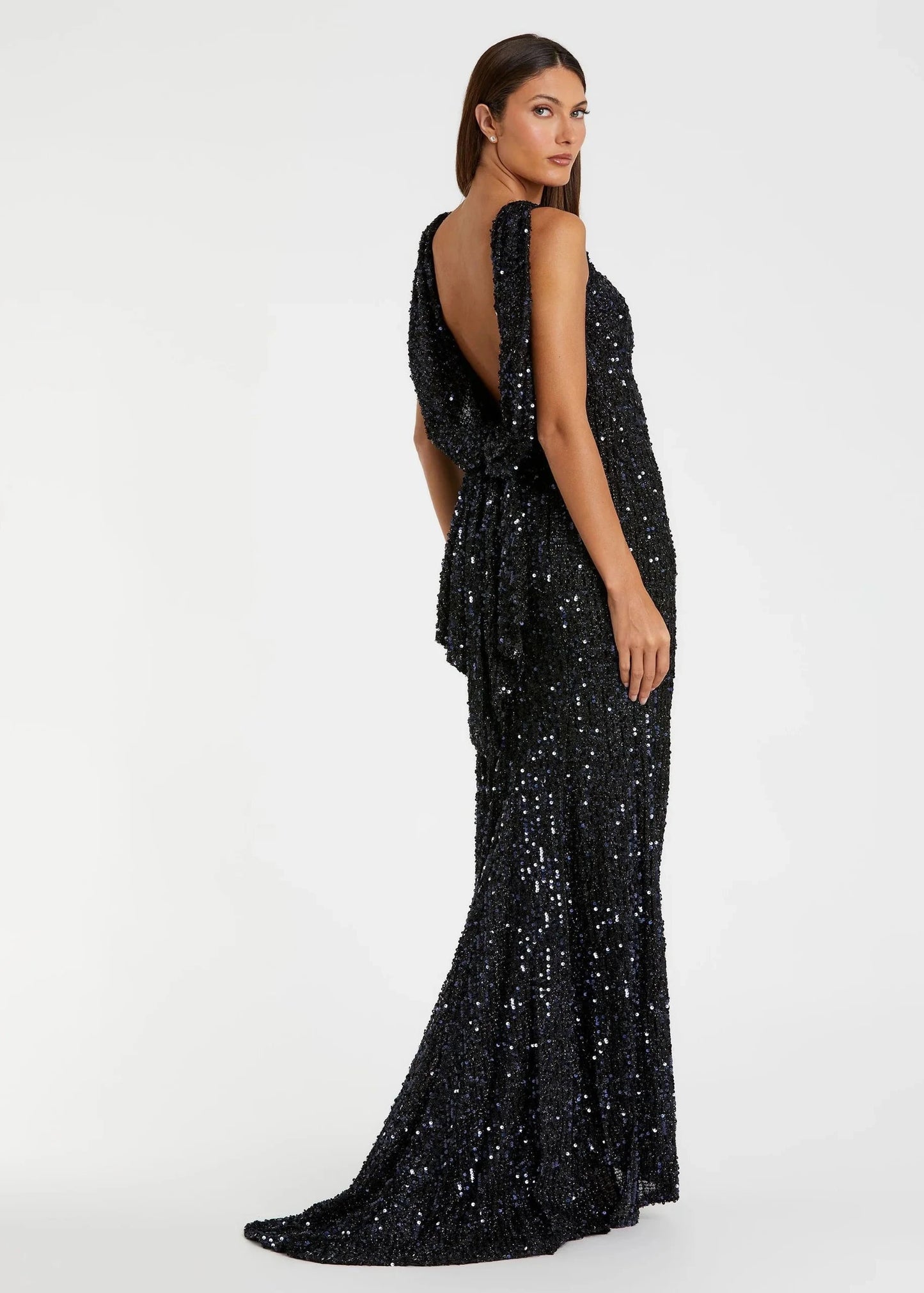 Cowl Back Boat Neck Sequined Evening Gown