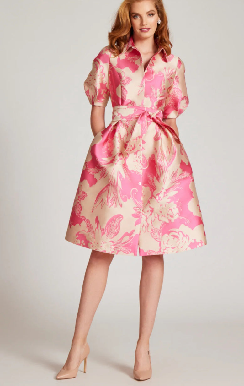 Puff Sleeve Abstract Print Collared Shirt Dress