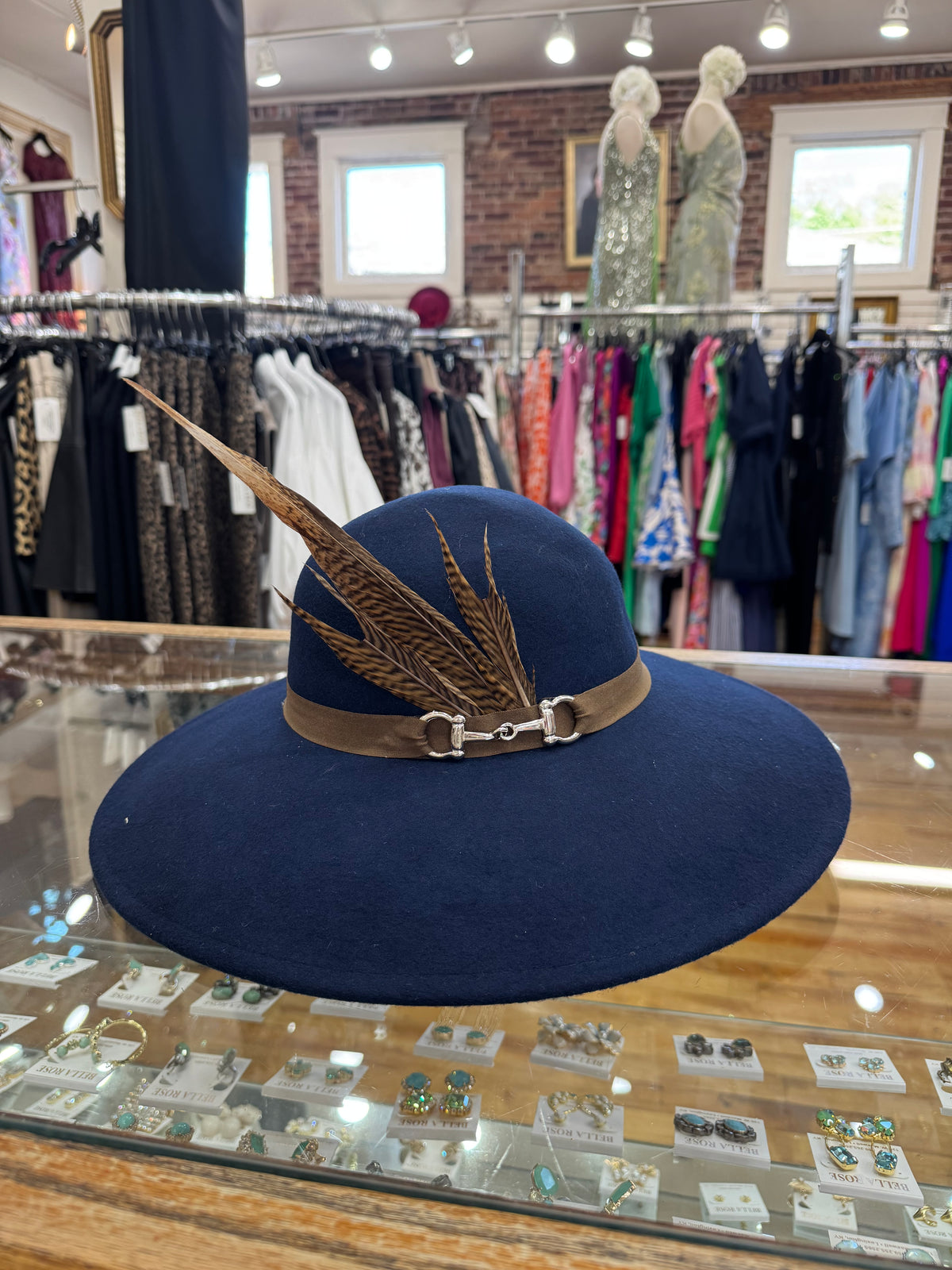 Navy Wool Hat with Brown Feathers