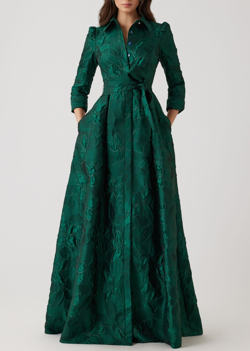 Metallic Jacquard Floral Shirt Waist Gown