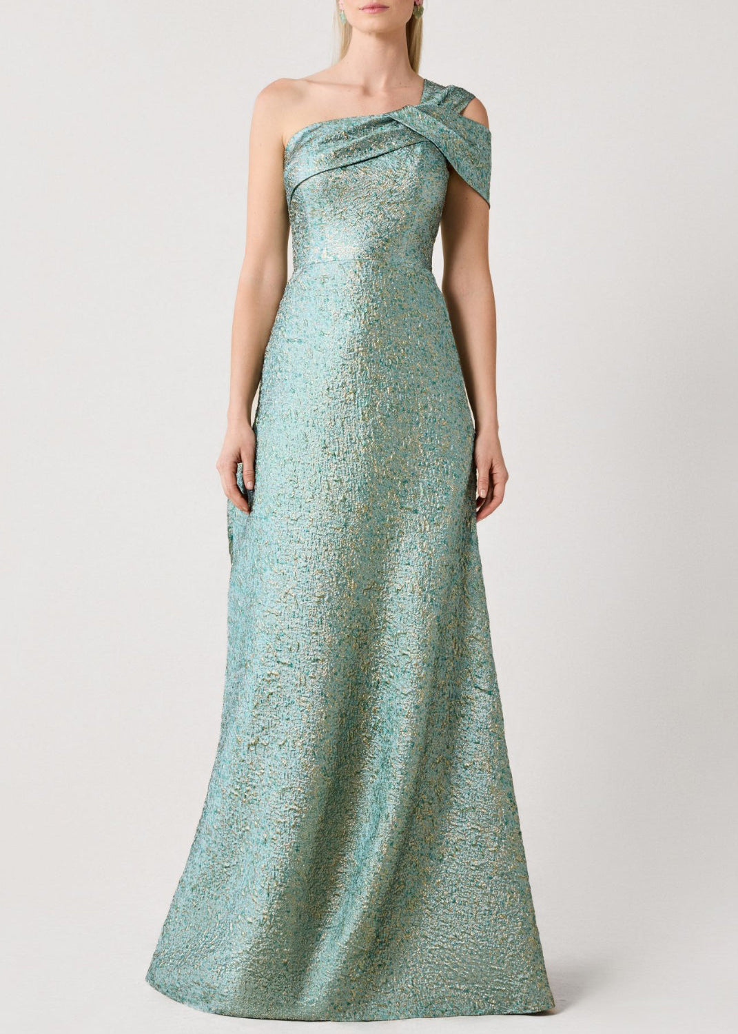 Metallic Jacquard Asymmetrical One Shoulder Evening Gown
