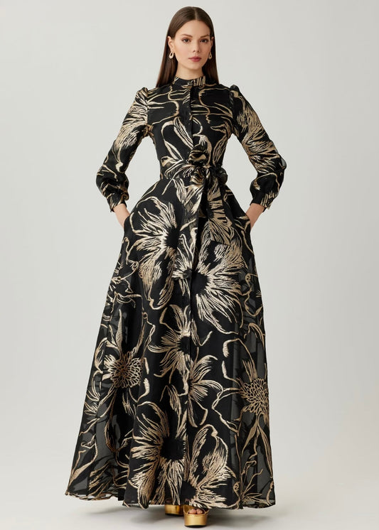 Metallic Foil Organza Shirt Waist Gown