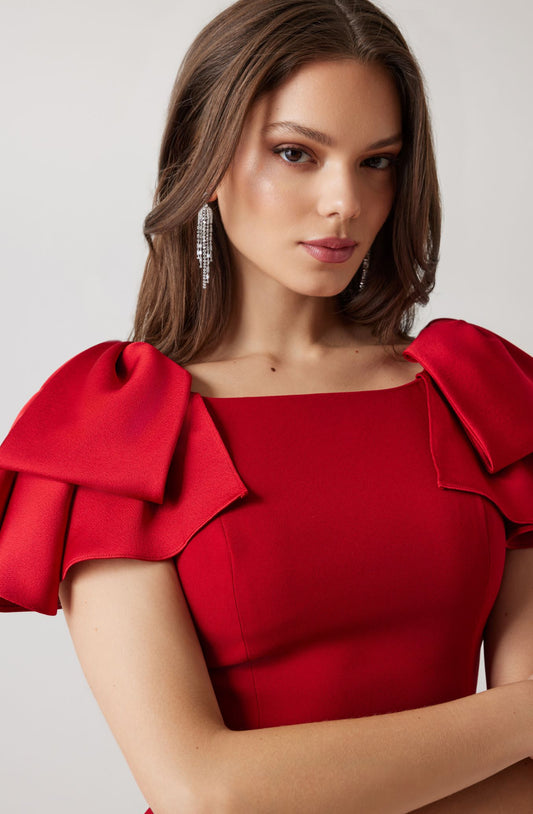 Crepe Boat Neck Satin Ruffle Shoulder Dress