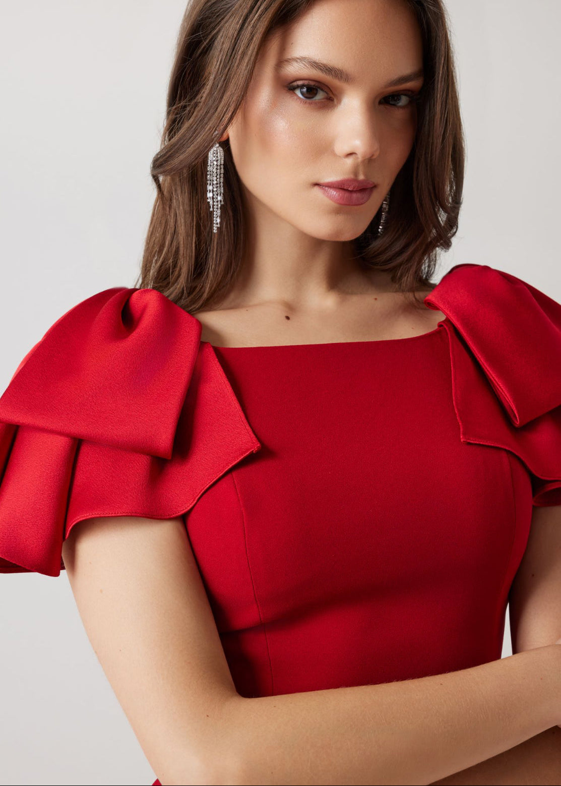 Crepe Boat Neck Satin Ruffle Shoulder Dress