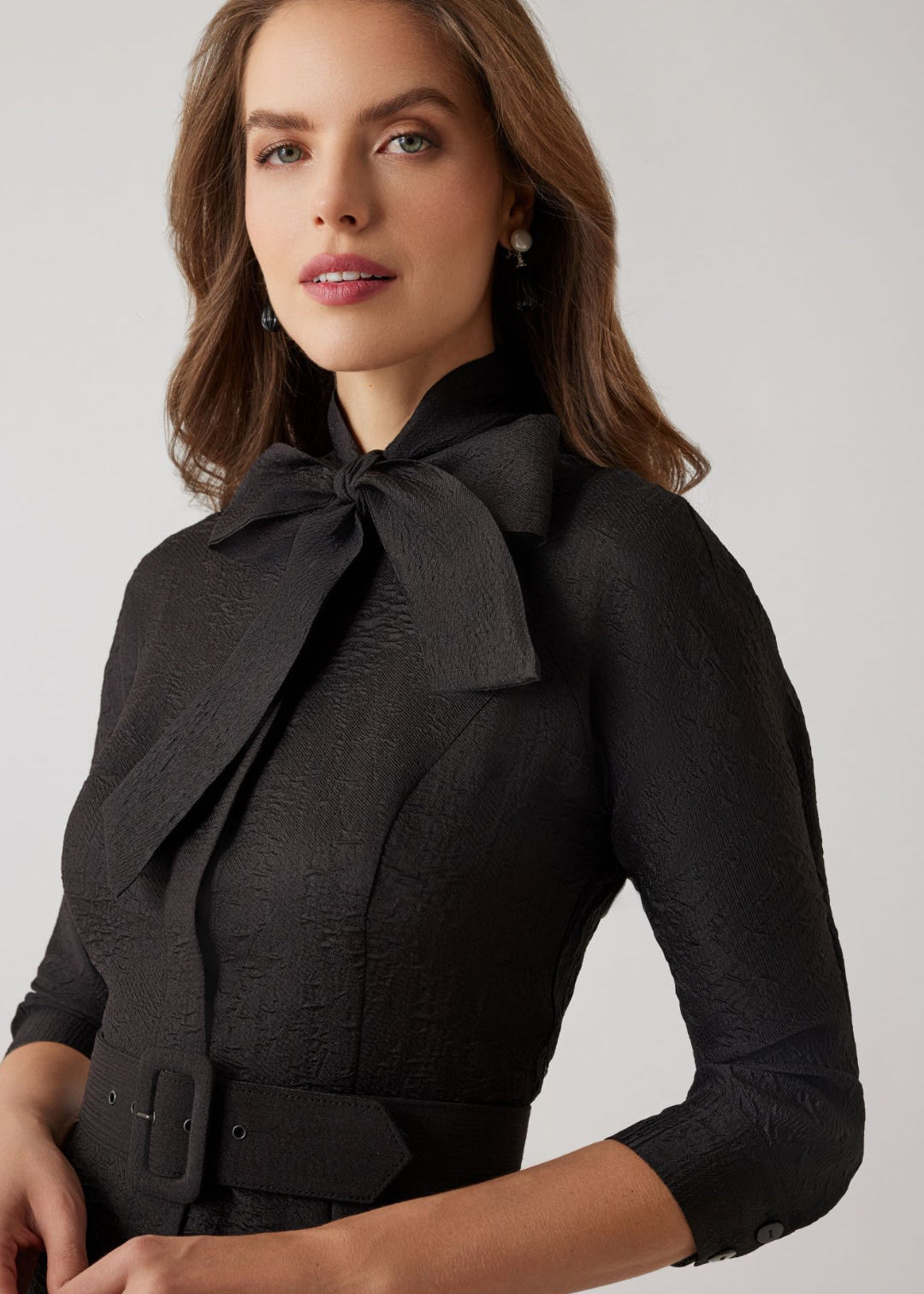 Textured Metallic Jacquard Floral Bow Neck Dress