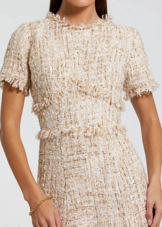 Beige Boucle Short Sleeve A Line Midi Dress