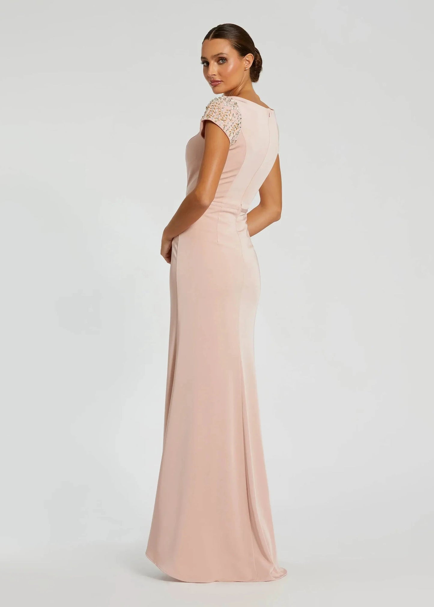 Light Pink Beaded Cap Sleeve Satin Column Gown