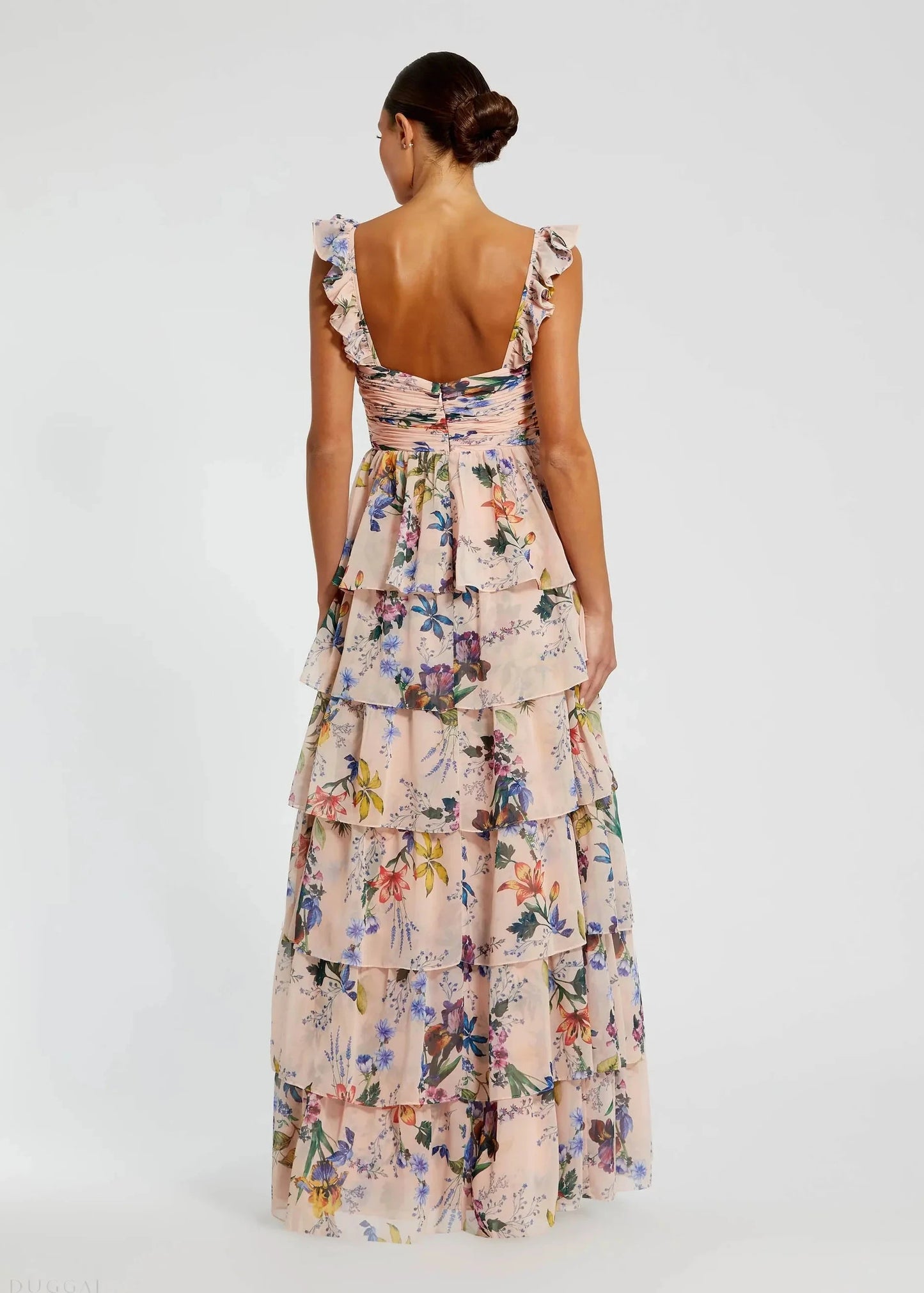 Pink Ruffle Sleeveless Chiffon Tiered Floral Print Gown