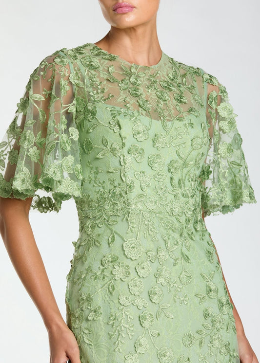 Flutter Sleeve Floral Embroidered Net Gown