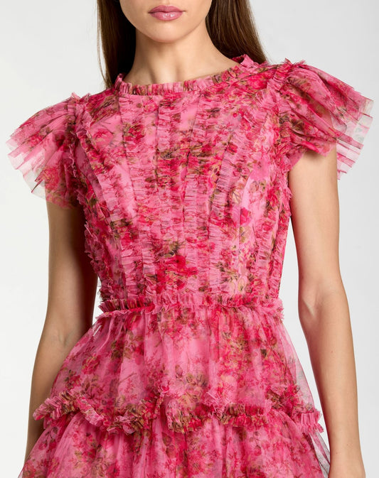 Floral High Neck Cap Sleeve Ruffle Mini Dress