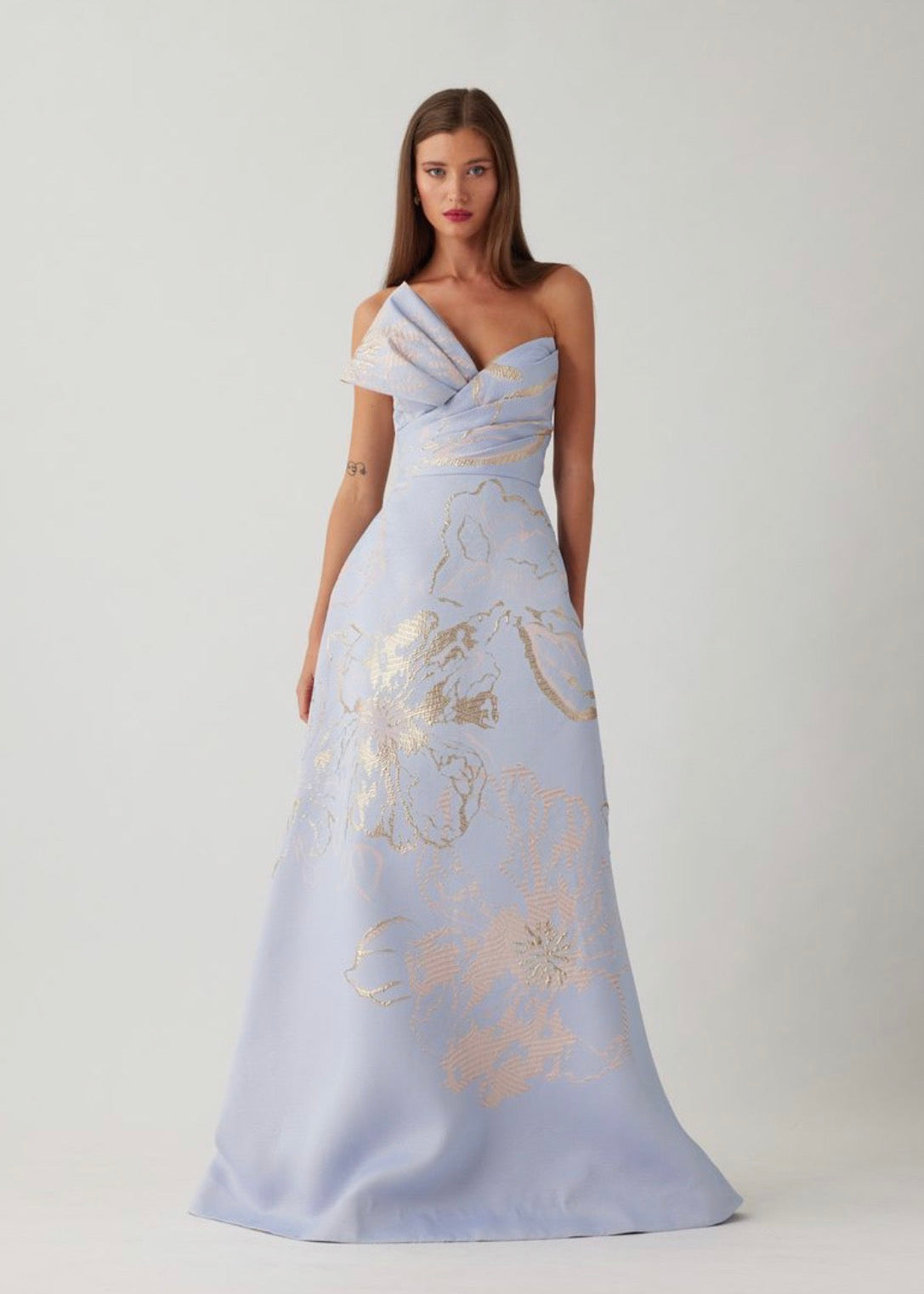 Metallic Jacquard Strapless Side Bow A Line Skirt Gown