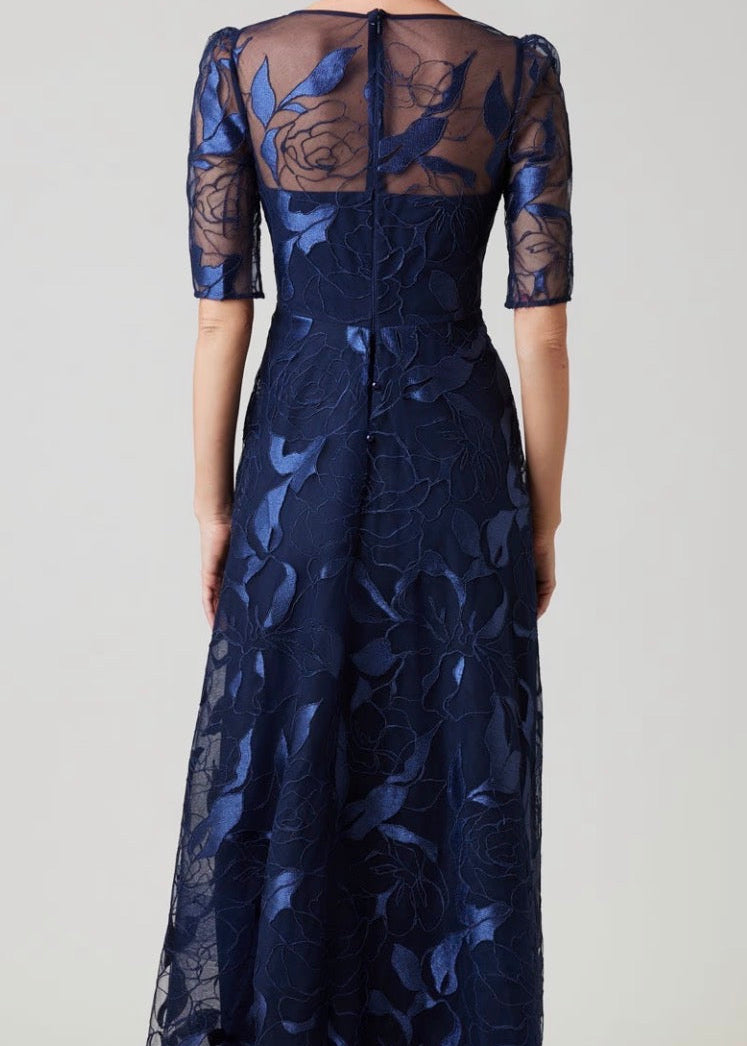 Embroidered Tulle Elbow Sleeve A Line Gown