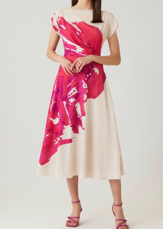 Crinkle Rayon Cap Sleeve Placement Print Dress