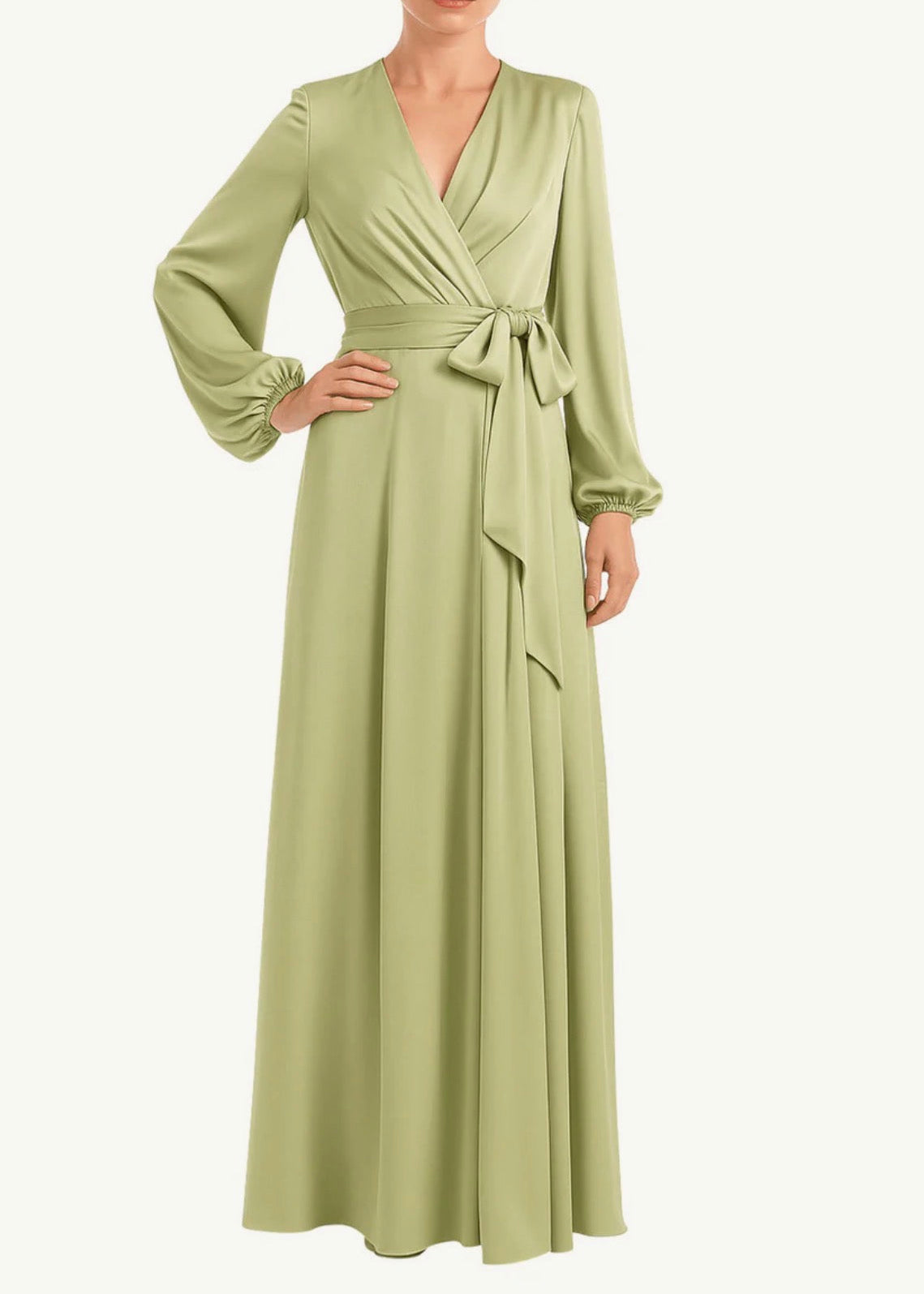 Satin Faux-Wrap Long Sleeve Gown