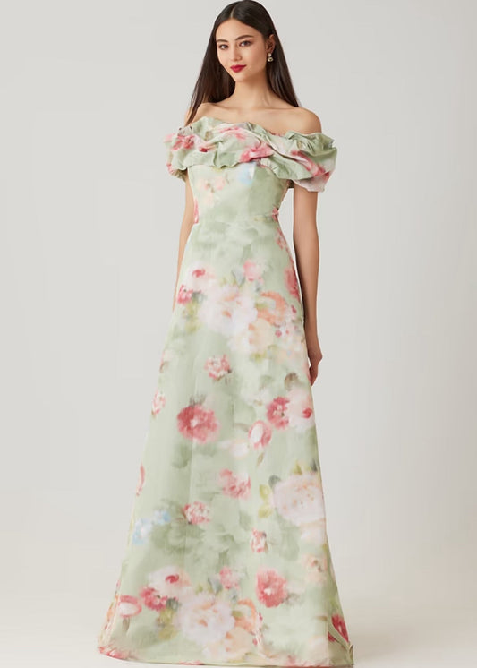 Taffeta Digital Print Scrunch Bodice Gown