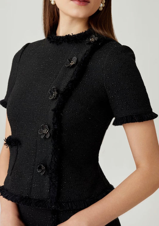 Tweed Fringe Trim Short Sleeve Dress