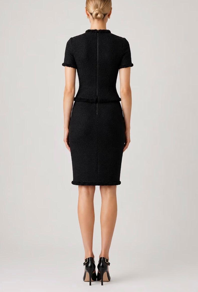Tweed Fringe Trim Short Sleeve Dress