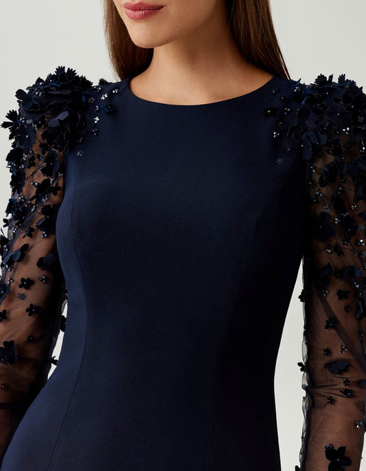 Floral Appliqué Crepe Illusion Sleeve Gown