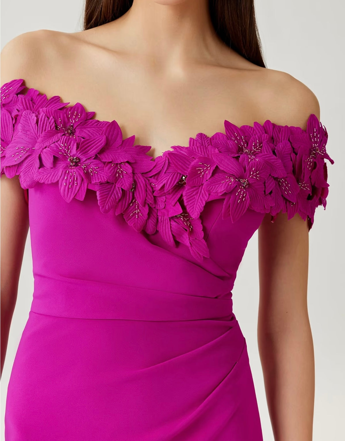 Crepe Flower Applique Off Shoulder Gown