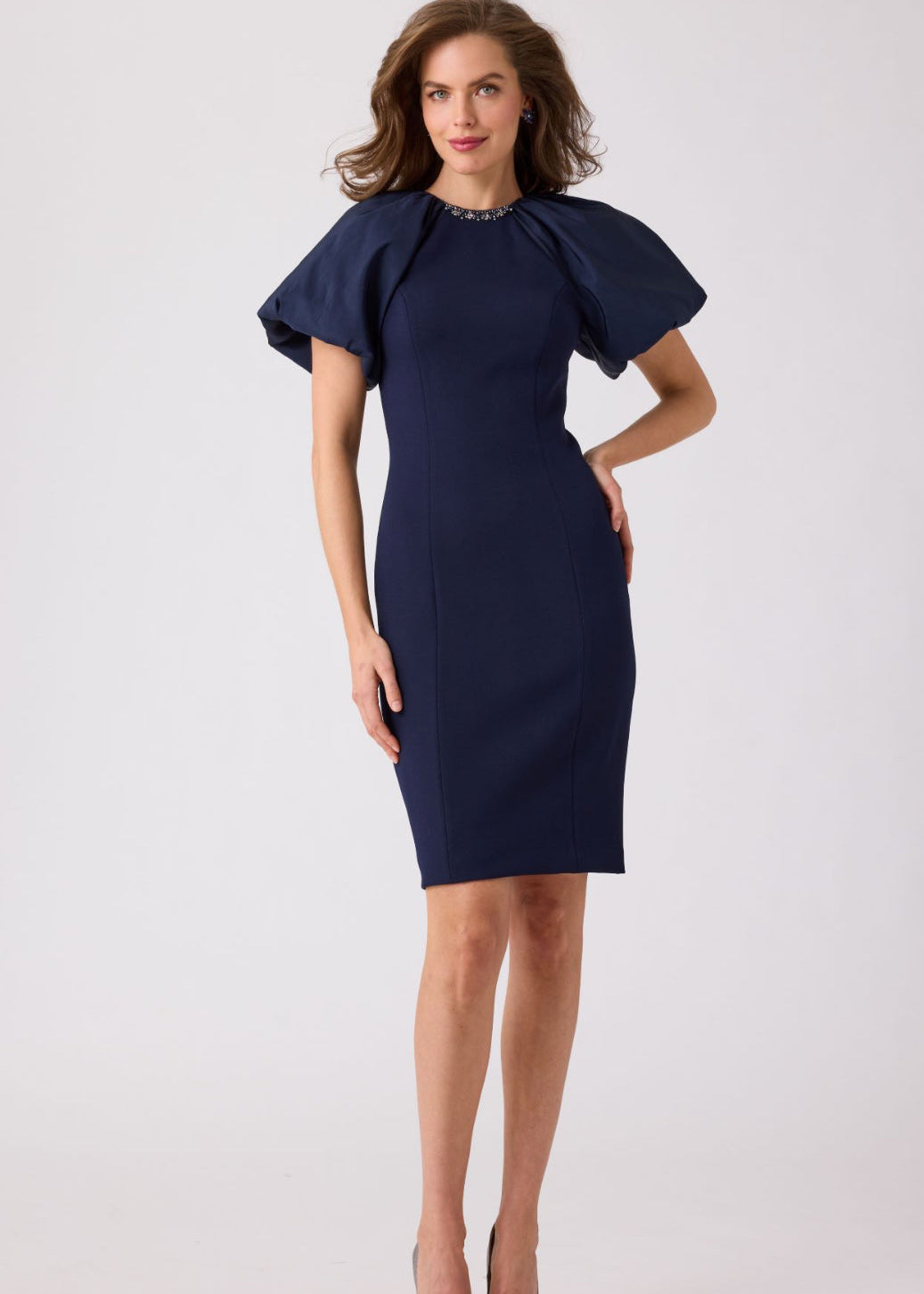 Taffeta Puff Sleeve Crepe Sheath Dress