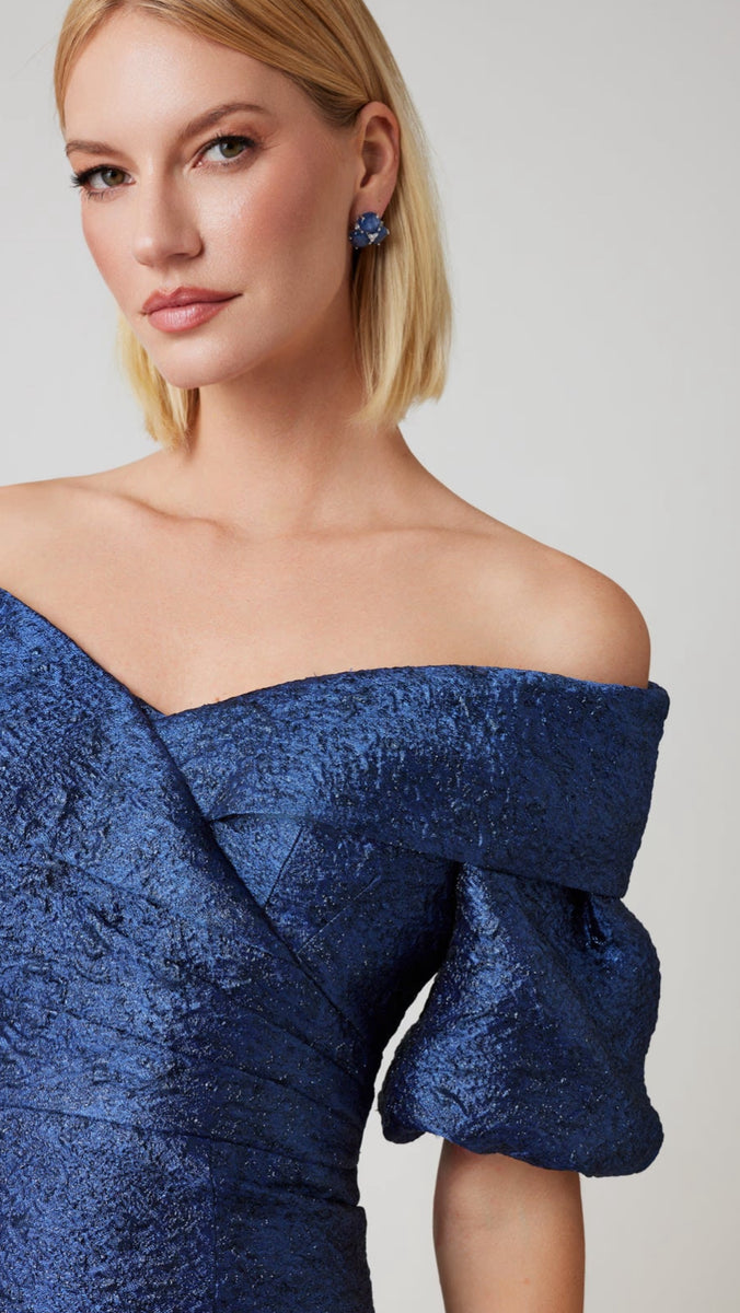 Metallic Jacquard Off Shoulder Puff Sleeve Gown – Bella Rose