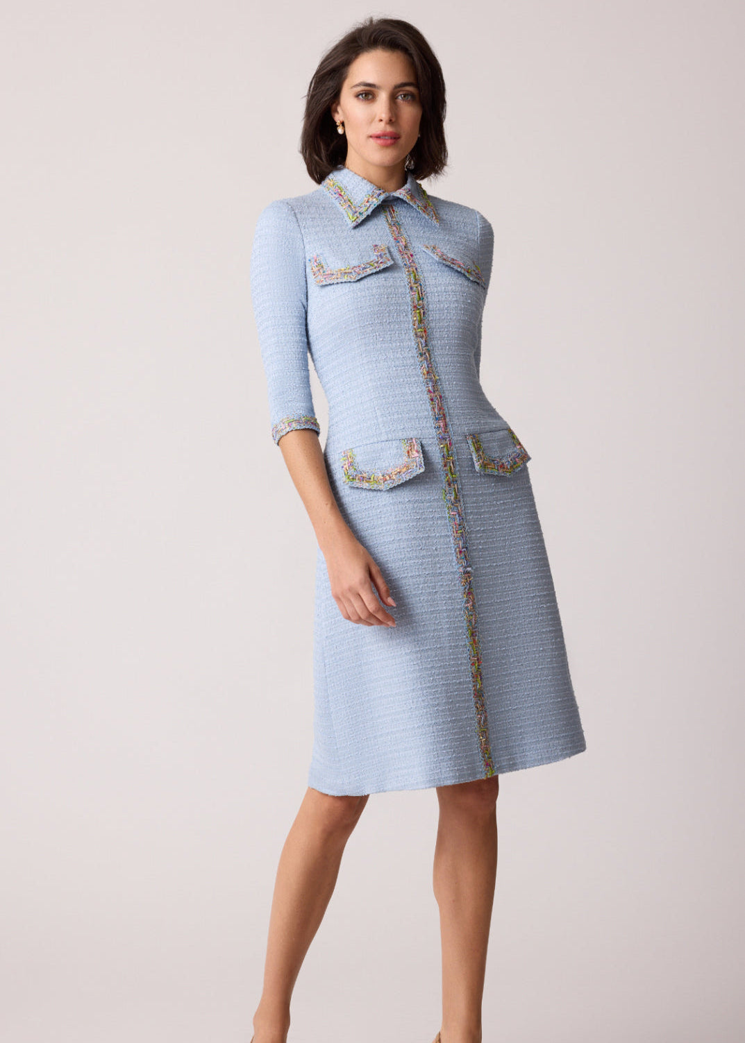 Boucle Ribbon Trim Shirt Collar Dress