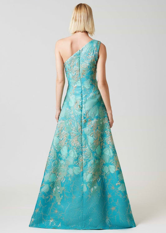 Metallic Jacquard Floral One Shoulder Gown