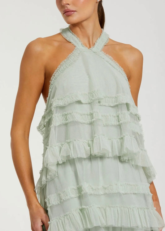 Tiered Ruffle Halter Neck Midi Dress