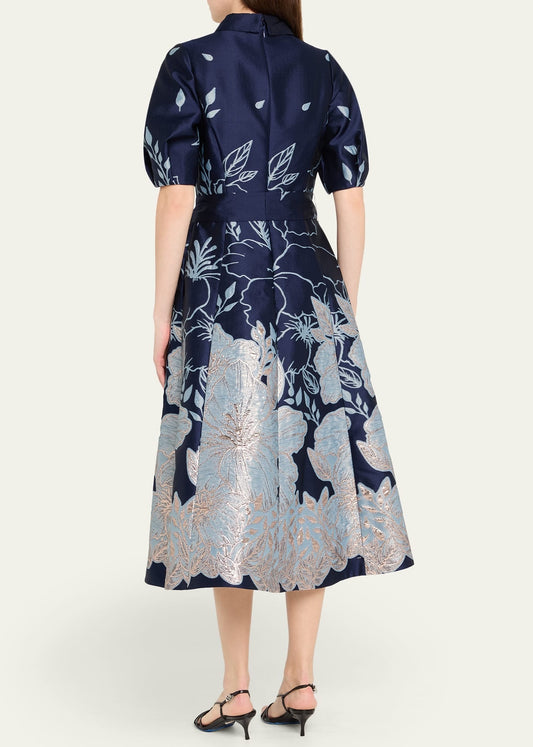 Metallic Jacquard Floral Puff Sleeve Dress