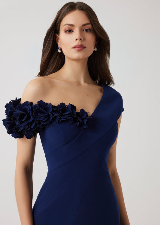 Stretch Crepe 3D Flower Asymmetrical Gown
