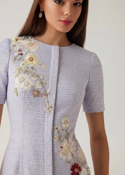 Tweed Short Sleeve Floral Appliqué Sheath Dress