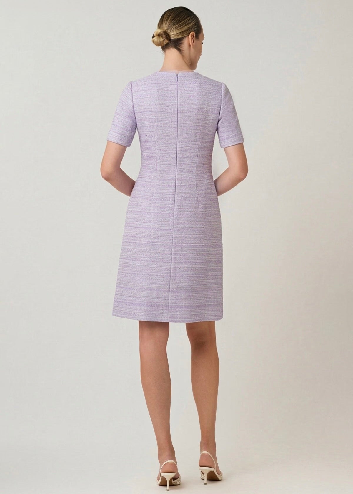 Tweed Short Sleeve Floral Appliqué Sheath Dress