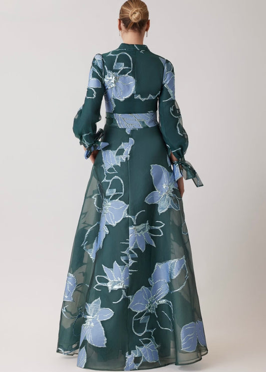 Floral Jacquard Mandarin Neck Shirt Gown