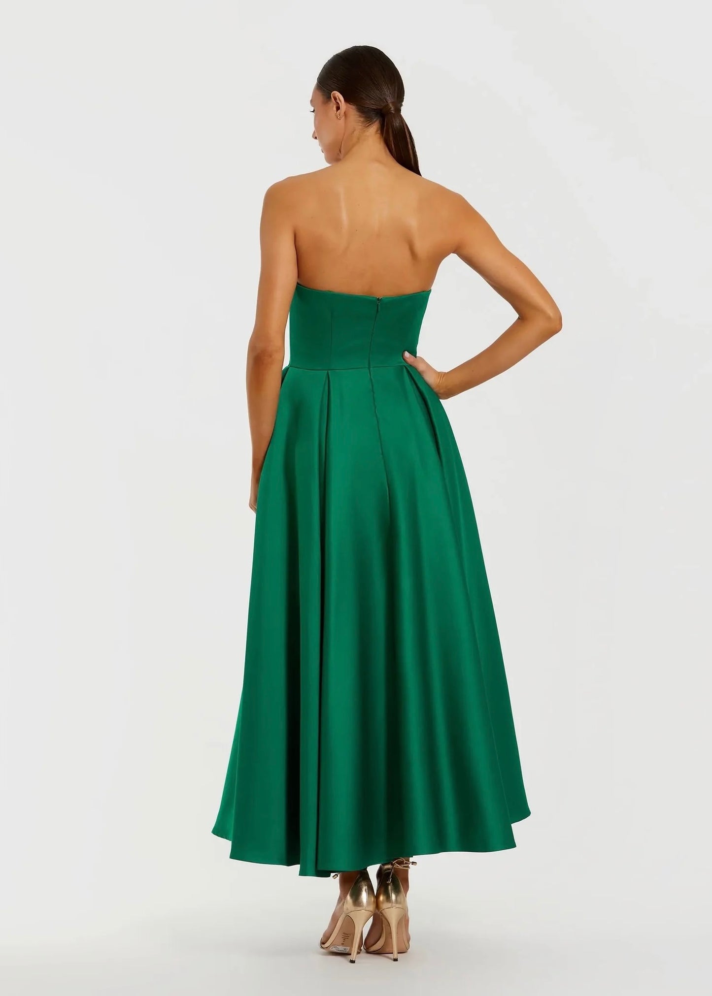 Emerald Strapless Satin A-Line Midi with 3D Flower
