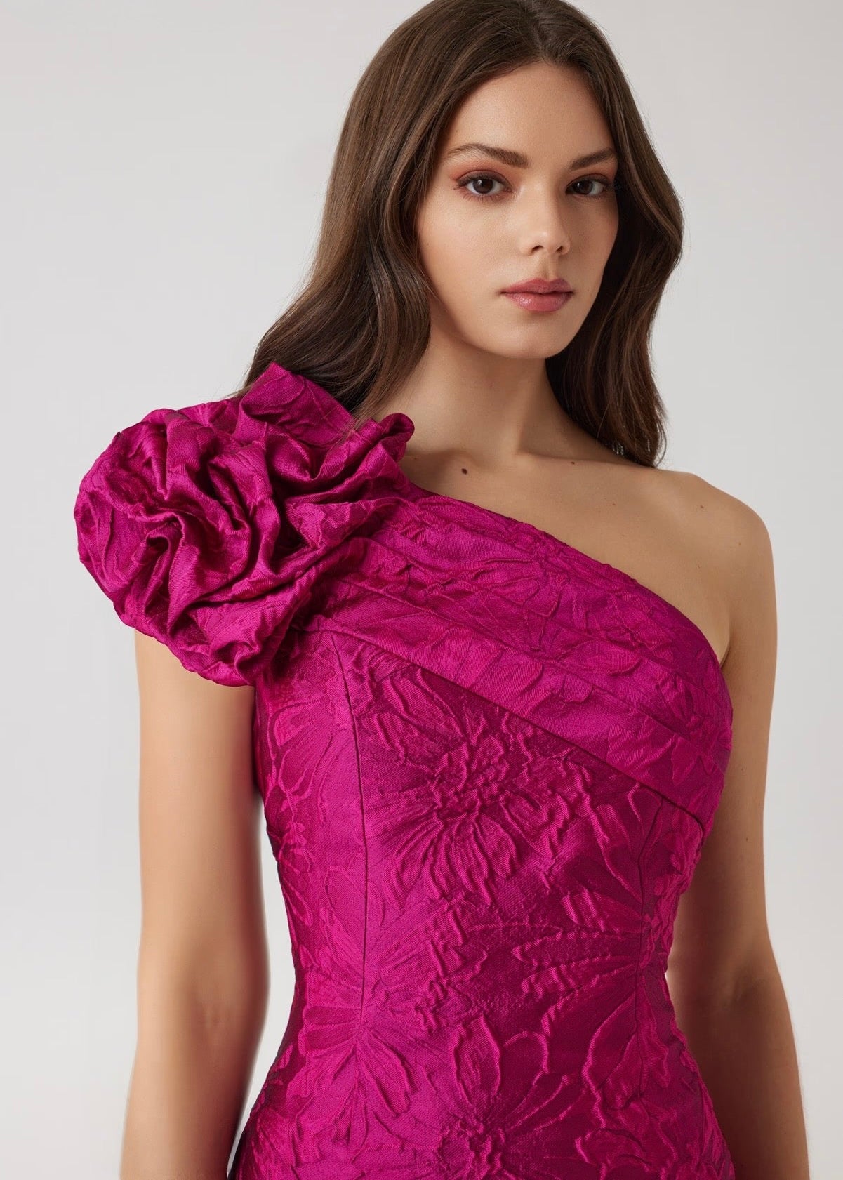 Floral Textured Jacquard Scrunch One Shoulder Gown
