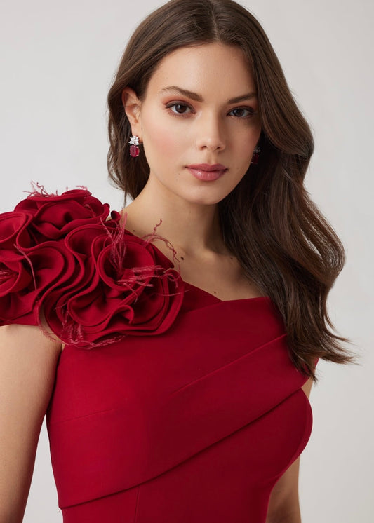 Crepe Asymmetrical Flower Feather Gown