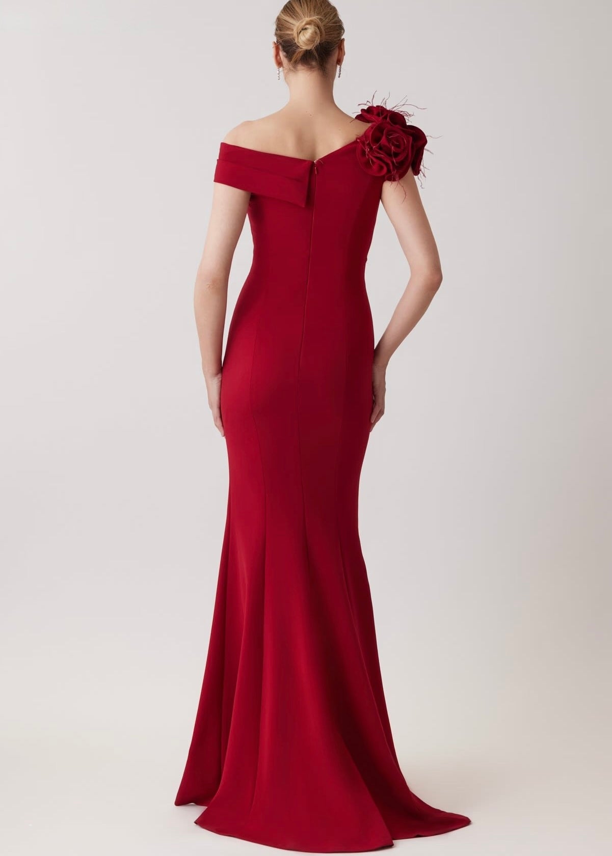 Crepe Asymmetrical Flower Feather Gown