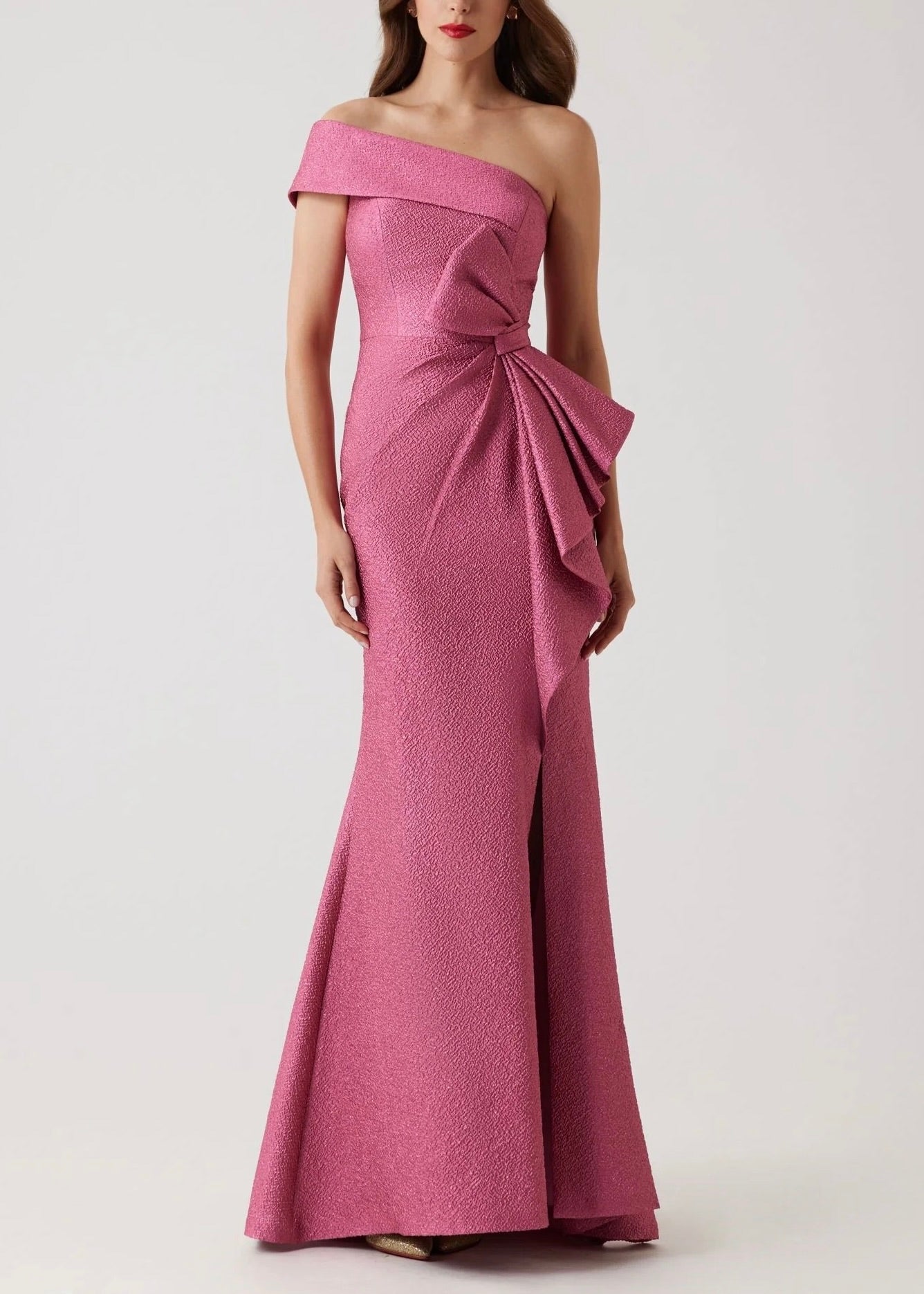 Metallic Jacquard One Shoulder High Low Gown