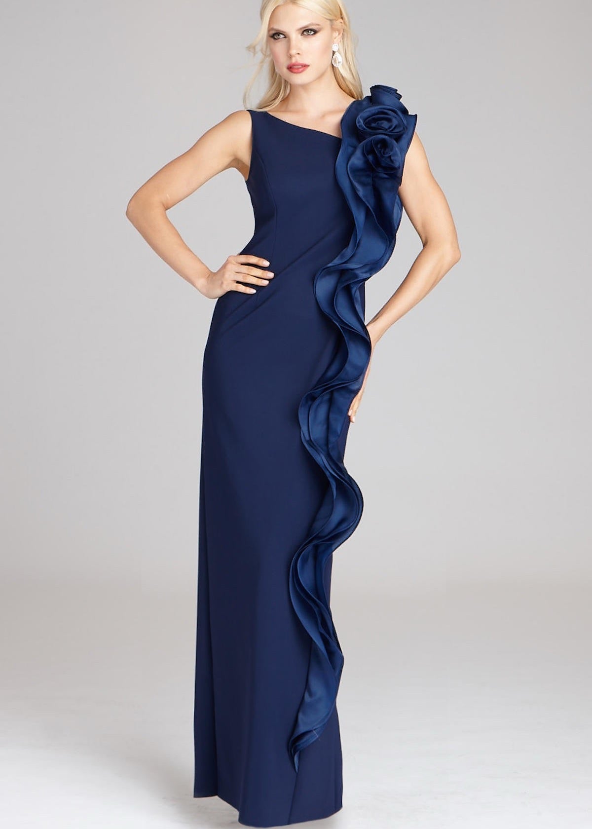 Scuba Gown with Organza Side Ruffle