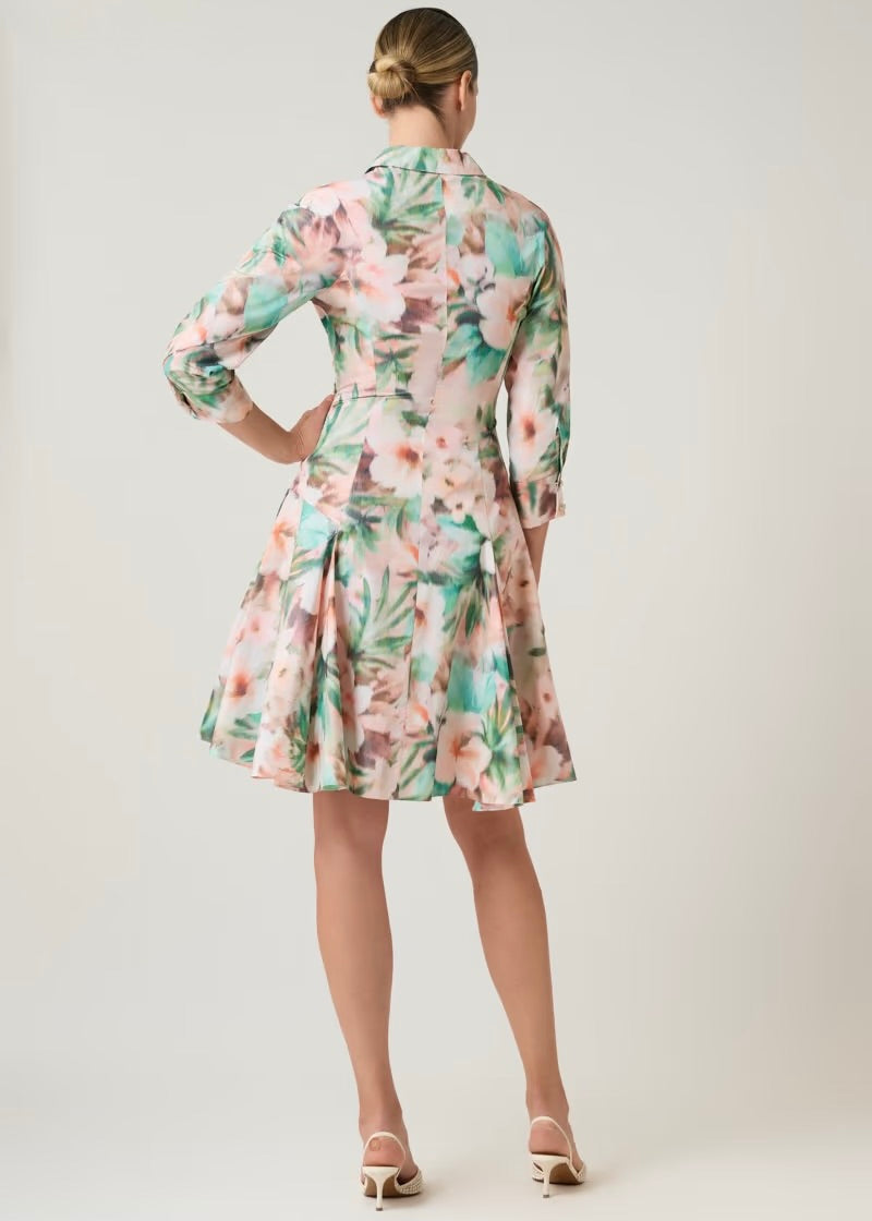 Taffeta Digital Print Godet Hem Shirt Dress