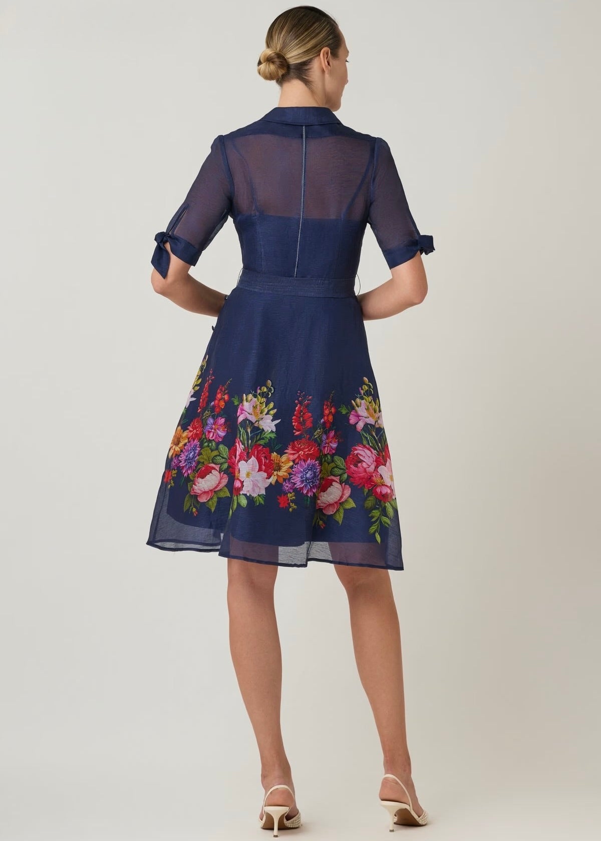 Silken Linen Shirtwaist Short Sleeve Floral Border Dress