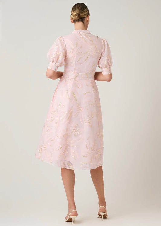 Metallic Organza Mandarin Collar Puff Sleeve Dress