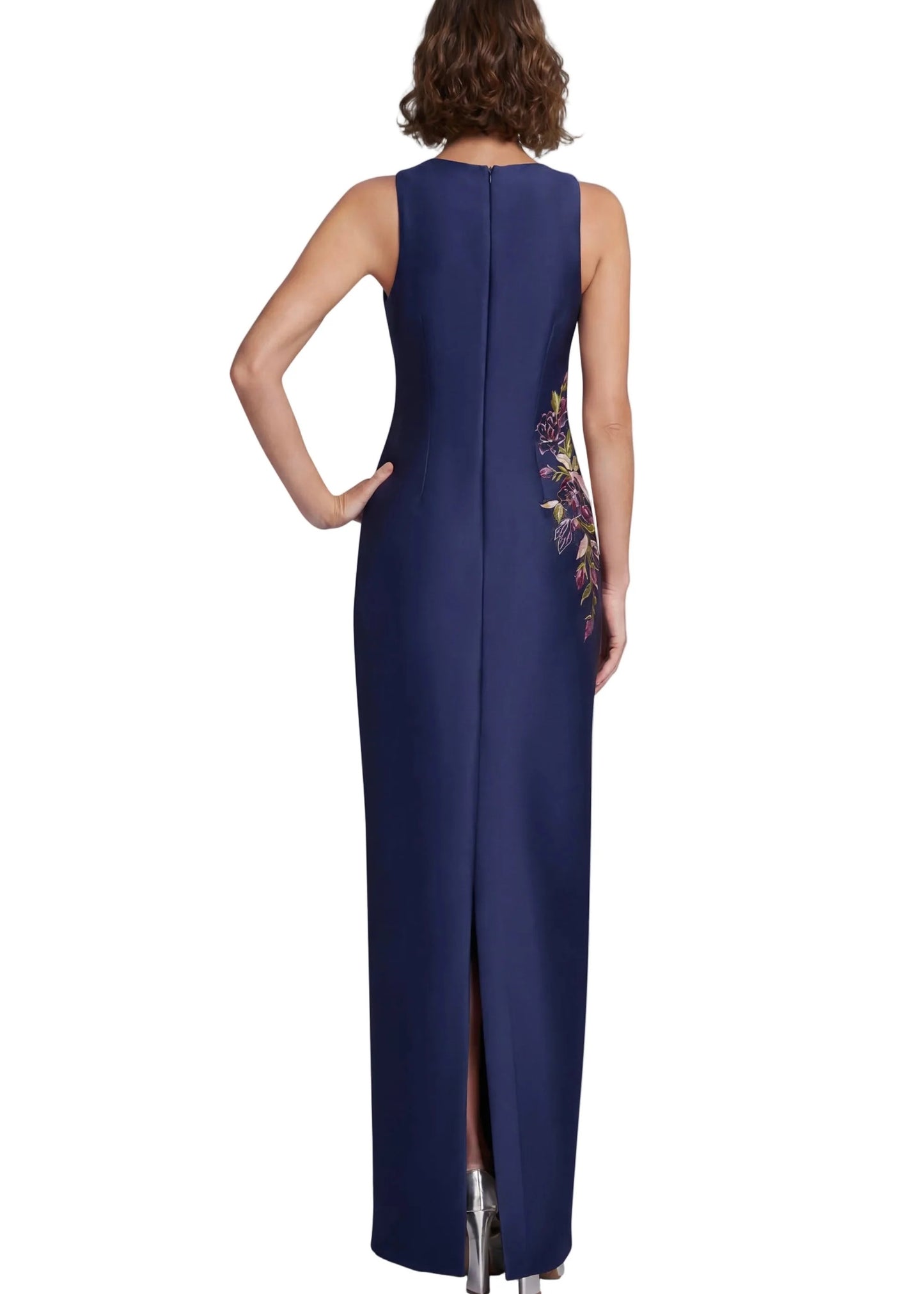 Sleeveless Embroidered Floral Column Gown