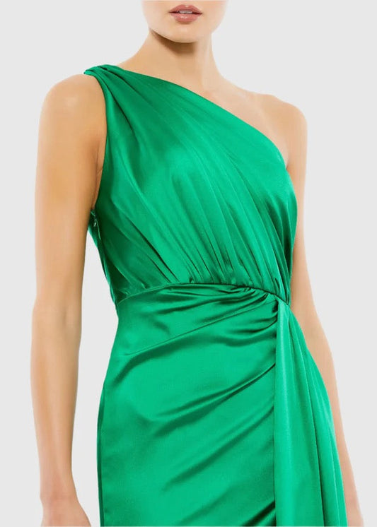 Gathered One Shoulder Satin Faux Wrap Gown