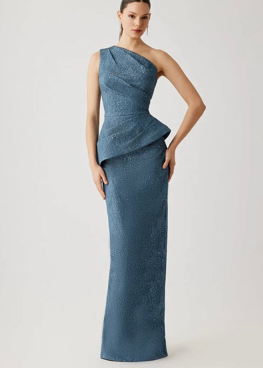 Metallic Jacquard One Shoulder Side Drape Peplum Gown