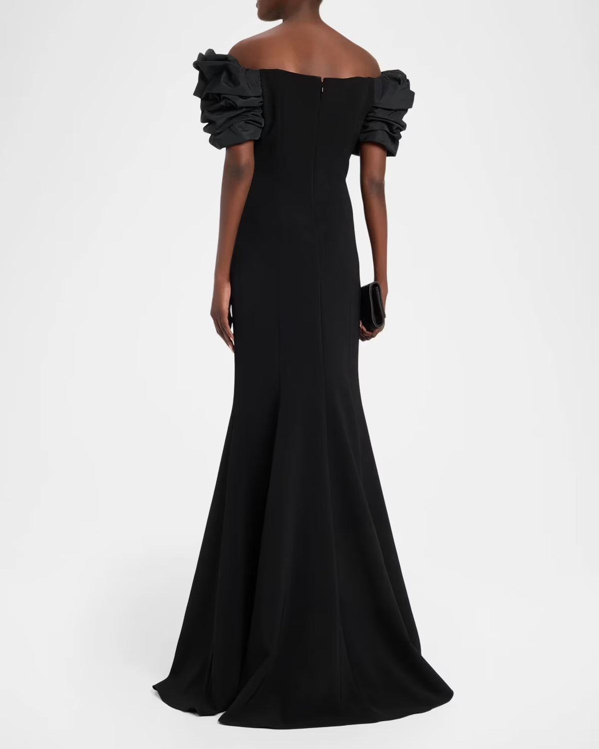 Crepe Taffeta Crunch Bodice Off Shoulder Gown